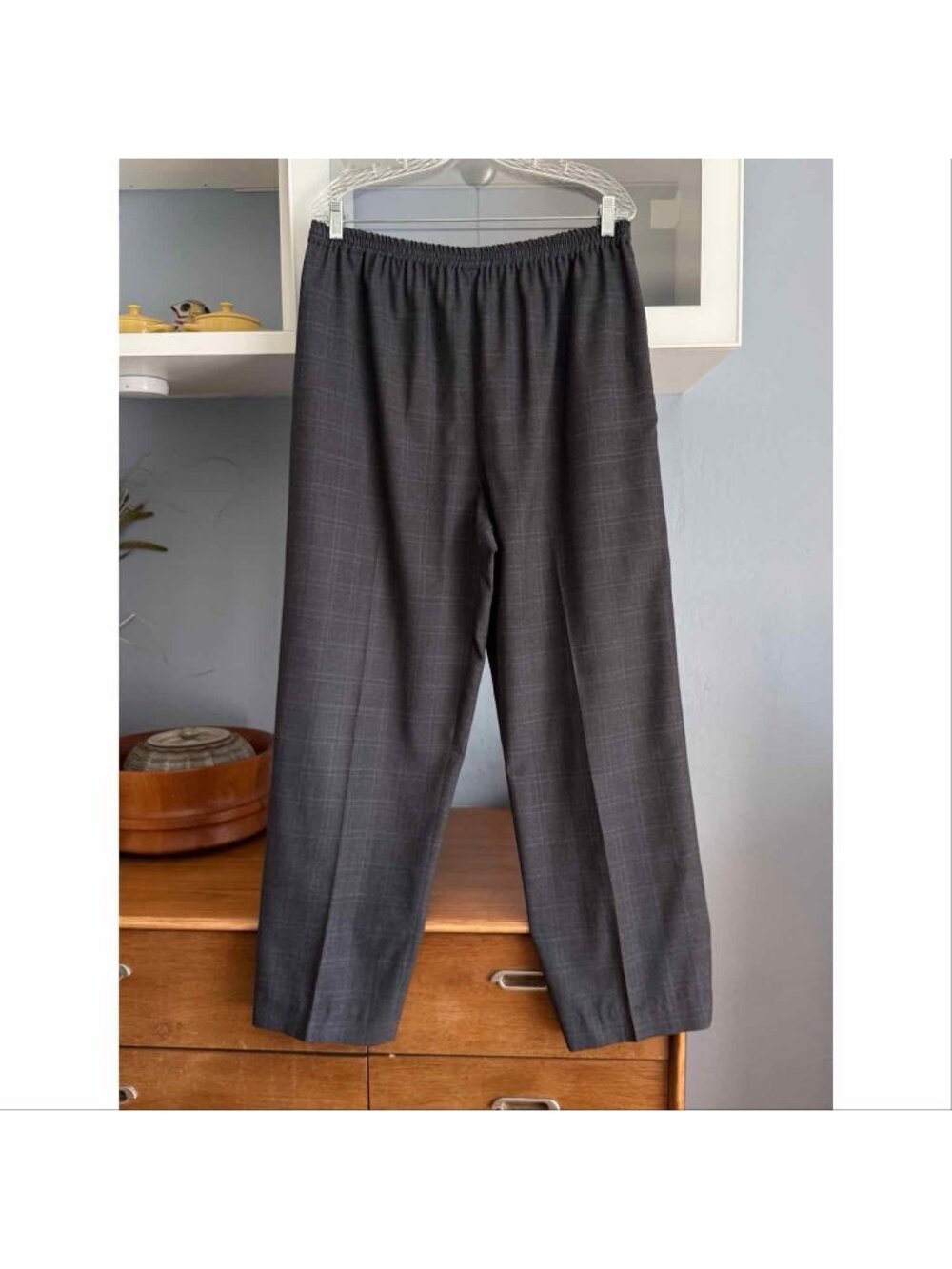 Eskandar Plaid Gray/Blue Wool Cashmere Pull On Trouser Pants Lagenlook Pockets - Picture 1 of 7